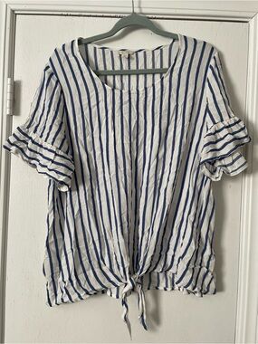Blue and White Striped Tie-Front Ruffle Sleeve Blouse